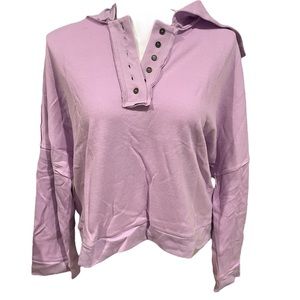 HOTAPEI Women's Casual V Neck Button Up Cropped Pullover Hooded Sweatshirt Top